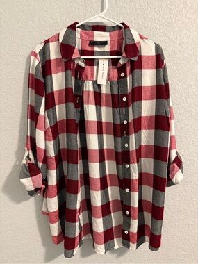 Lane Bryant Red, White & Charcoal Plaid Button-Up Shirt